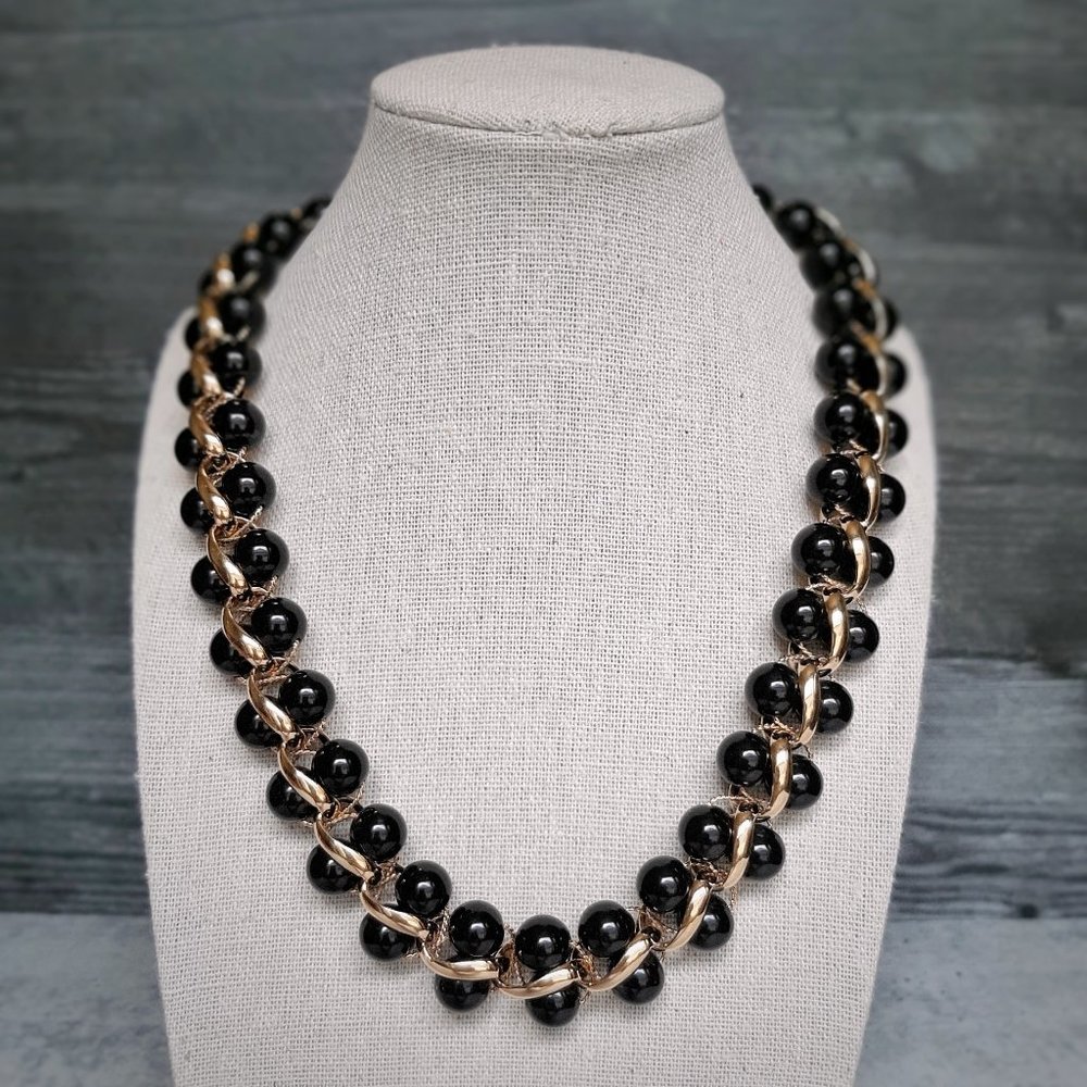 VTG Monet Gold Tone & Black Sphere Bead Statement Necklace